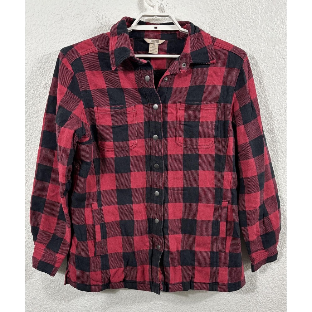 Duluth Trading Co Jacket Womens Medium Red Black Plaid Flannel Quilted‎ Shacket - Picture 1 of 6